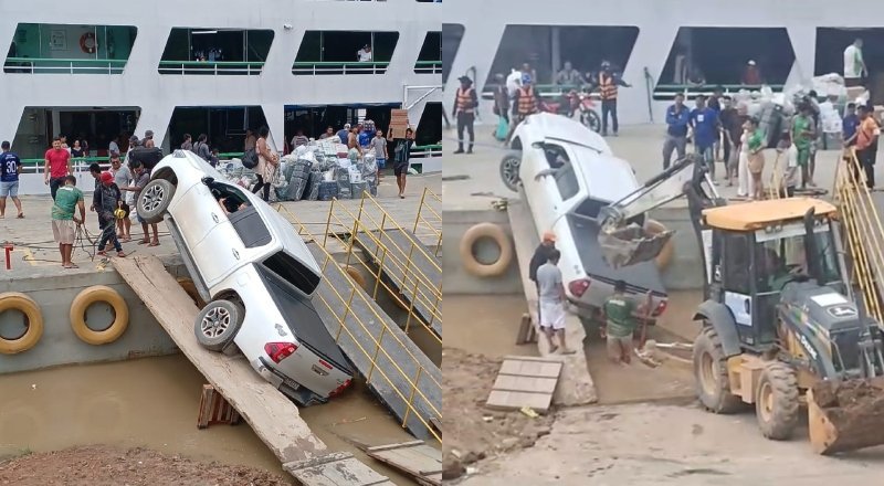 Motorista tenta embarcar picape com pranchas e o pior acontece no porto de Manicoré