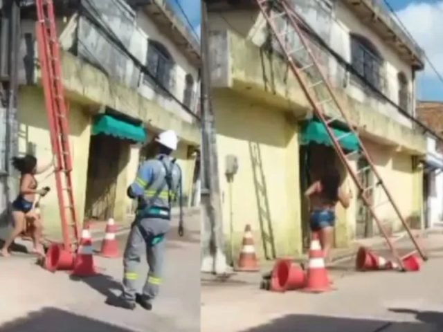 Mulher corta cabos, chuta carro e derruba escada após corte de energia, veja o vídeo